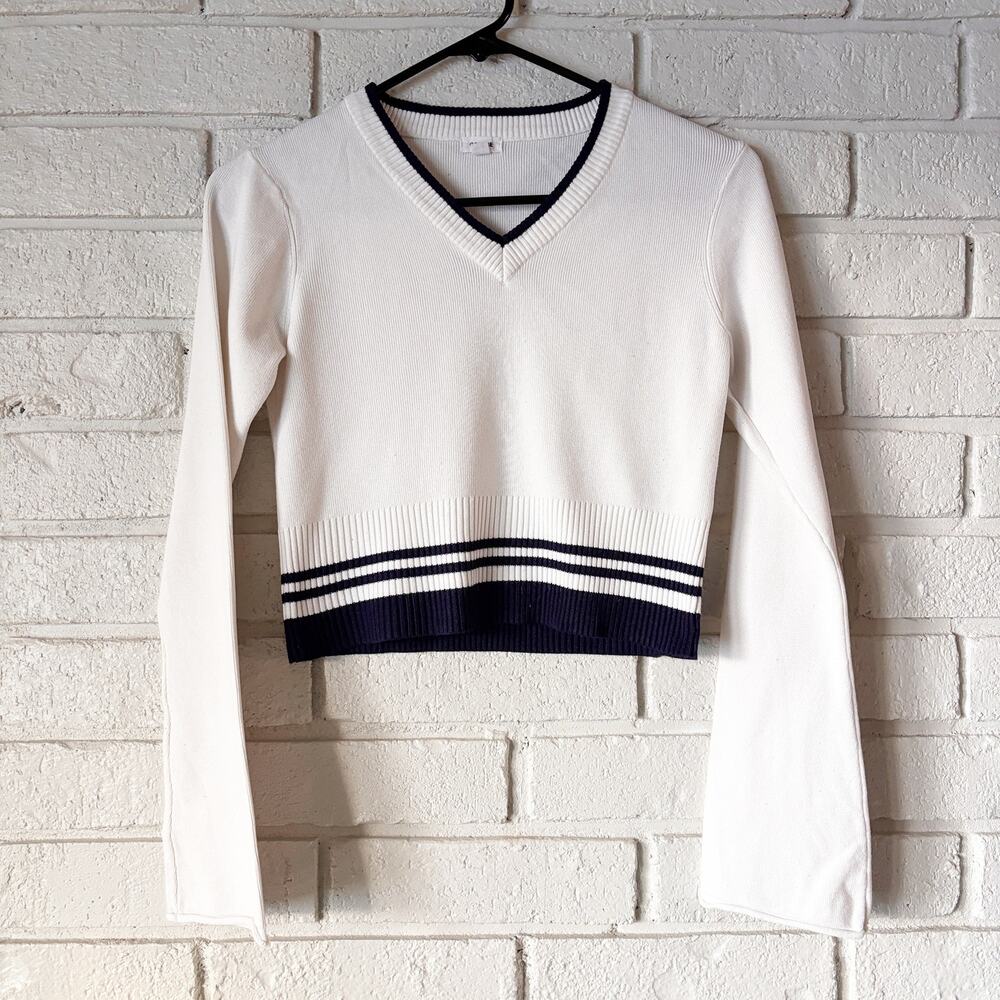 Garage M White VNeck Cropped Tight Preppy Sweater Navy Stripes Bell Sleeves Boho
